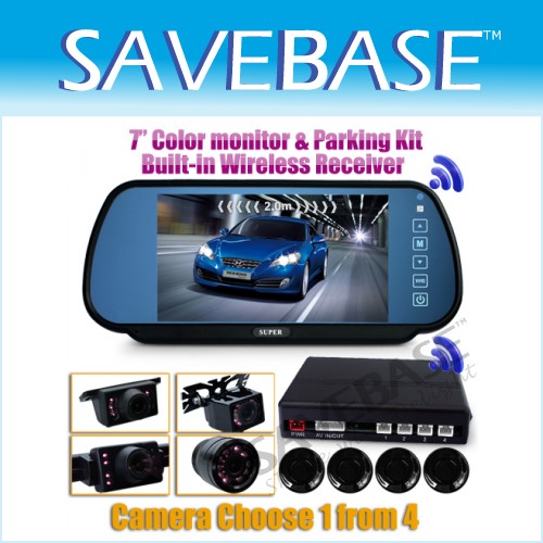 Car Rearview Mirror 7" Monitor Wireless +IR Reversing Camera +4 Parking Sensor