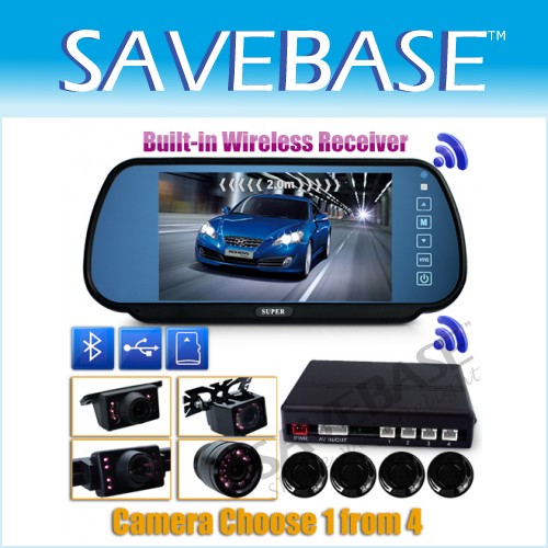 Wireless Bluetooth LCD Mirror 4 Parking Sensors Car Reversing Kit +Backup Camera